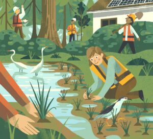 An illustration shows ACC members working to restore riparian vegetation while nearby birds look on.